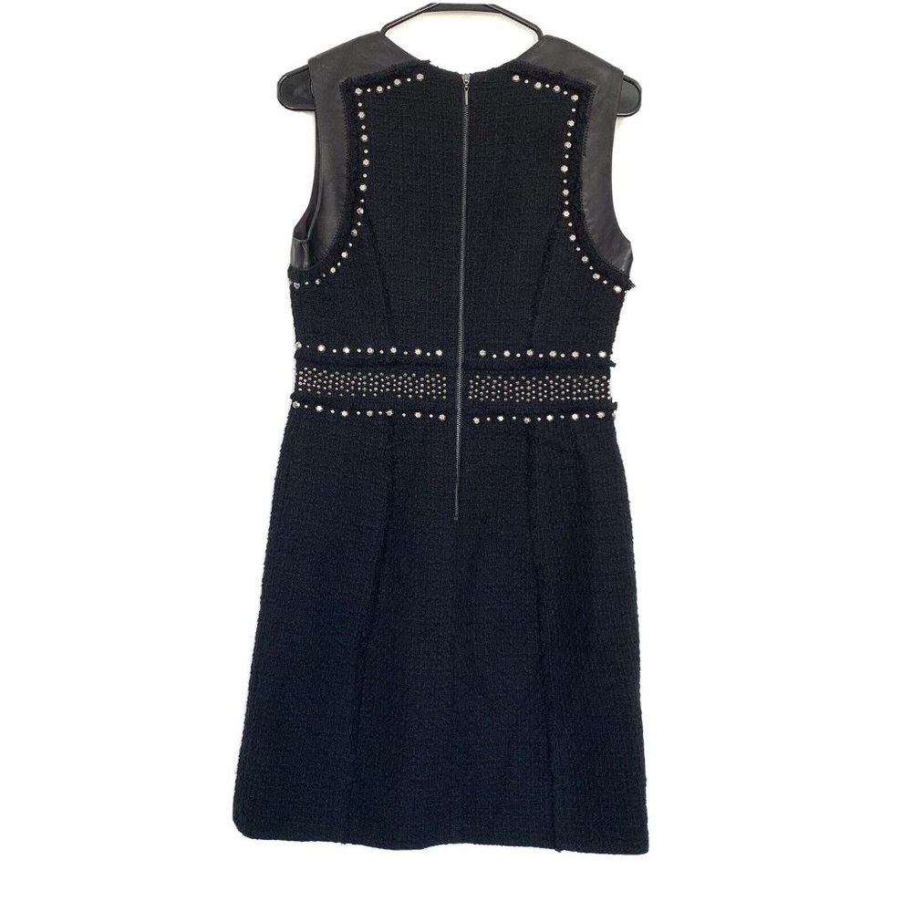 Rebecca Taylor Dress Black Tweed Studded Sleeveless Lamb Leather Fray - Picture 10 of 12